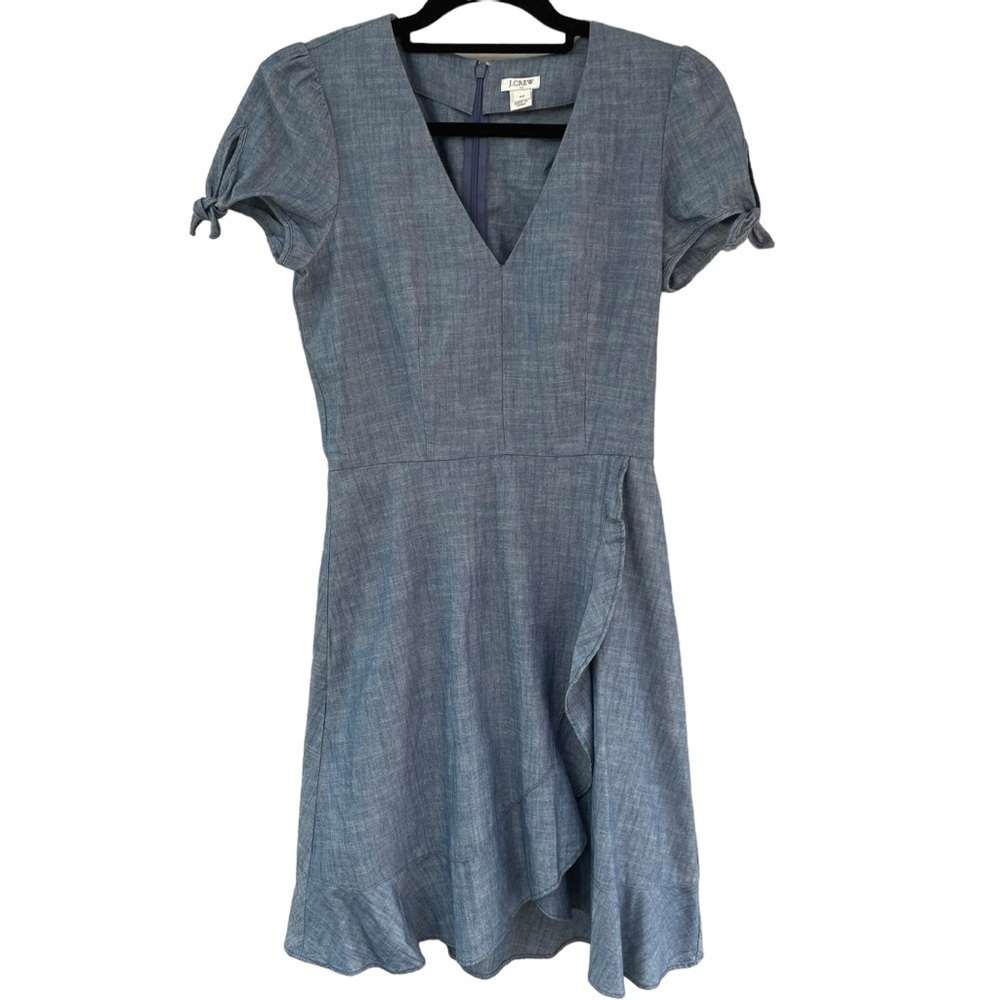 J. Crew Short Sleeve V-Neck Faux Wrap Ruffle Chambray Mini Dress Preppy - Sz 00